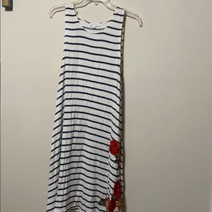 White & Navy dress w/ Floral Embellishments